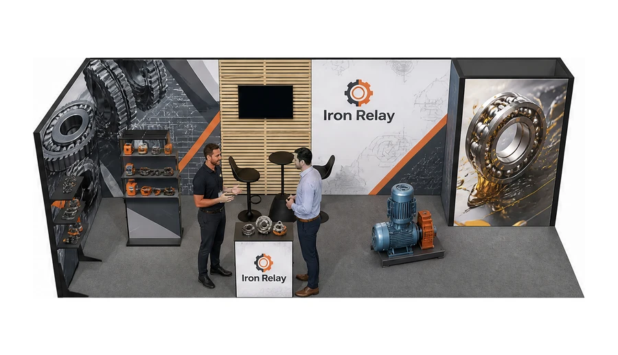 Stoisko 8 × 3 m narożne lewe dla branży utrzymanie ruchu, przykładowa marka Iron Relay