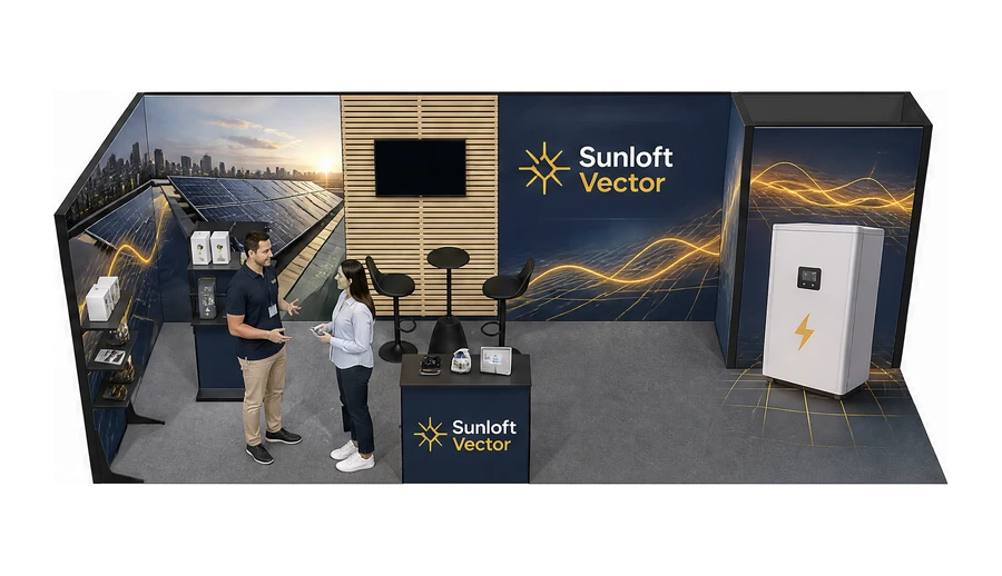 Stoisko 8 × 3 m narożne lewe dla branży fotowoltaika, przykładowa marka Sunloft Vector