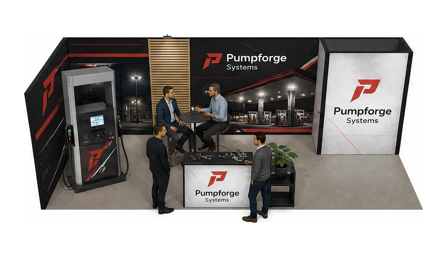 Stoisko 8 × 3 m narożne lewe dla branży stacje paliw, przykładowa marka Pumpforge Systems