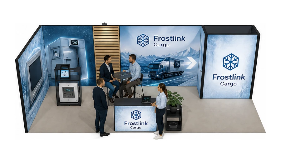 Stoisko 8 × 3 m narożne lewe dla branży łańcuch chłodniczy, przykładowa marka Frostlink Cargo