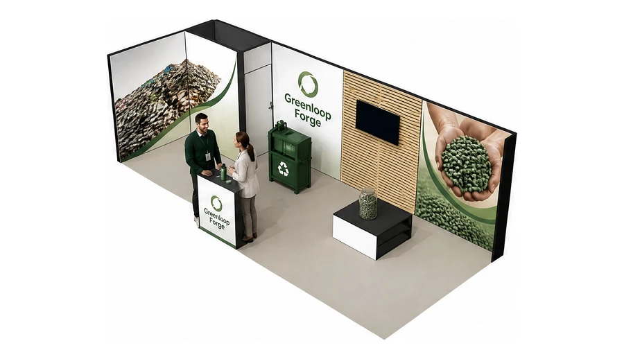 Stoisko 8 × 3 m narożne lewe dla branży recykling i ochrona środowiska, przykładowa marka Greenloop Forge