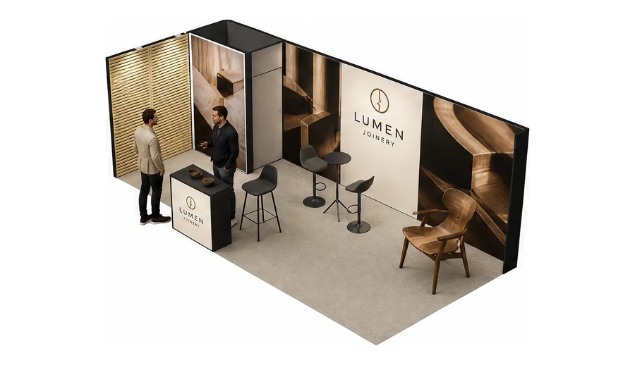 Stoisko 8 × 3 m narożne lewe dla branży meble designerskie, przykładowa marka Lumen Joinery