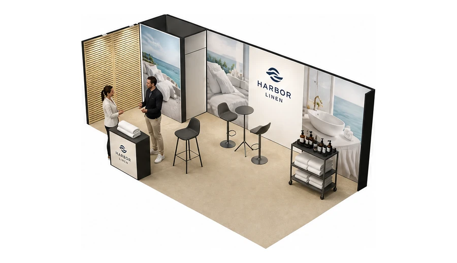 Stoisko 8 × 3 m narożne lewe dla branży wyposażenie hoteli, przykładowa marka Harbor Linen
