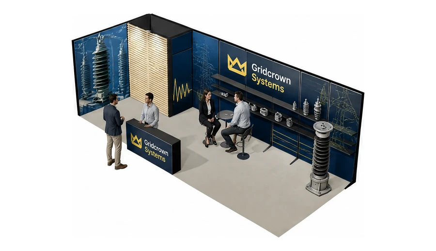 Stoisko 8 × 3 m narożne lewe dla branży energetyka i sieci, przykładowa marka Gridcrown Systems