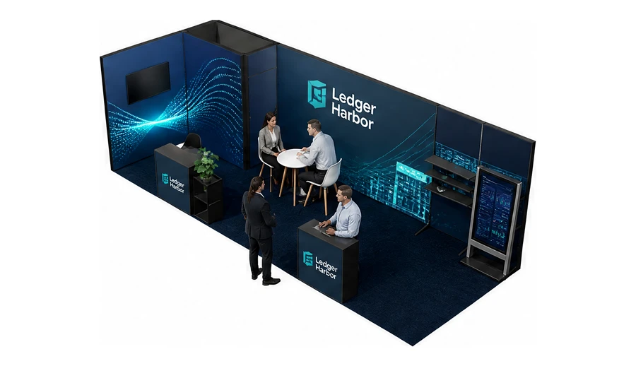 Stoisko 8 × 3 m narożne lewe dla branży oprogramowanie dla firm, przykładowa marka Ledger Harbor