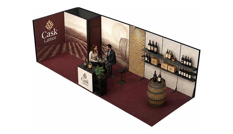 Stoisko 8 × 3 m narożne lewe dla branży winnica, przykładowa marka Cask Lattice