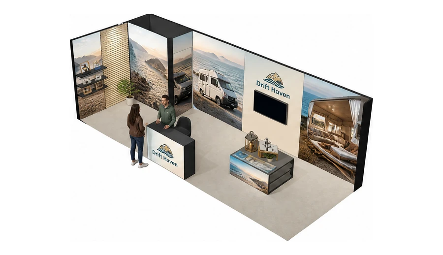 Stoisko 8 × 3 m narożne lewe dla branży caravaning i kampery, przykładowa marka Drift Haven