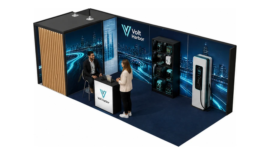 Stoisko 8 × 3 m narożne lewe dla branży elektromobilność i ładowarki, przykładowa marka Volt Harbor