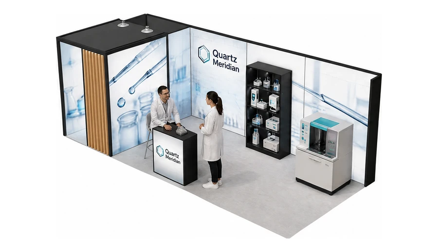 Stoisko 8 × 3 m narożne lewe dla branży sprzęt laboratoryjny, przykładowa marka Quartz Meridian