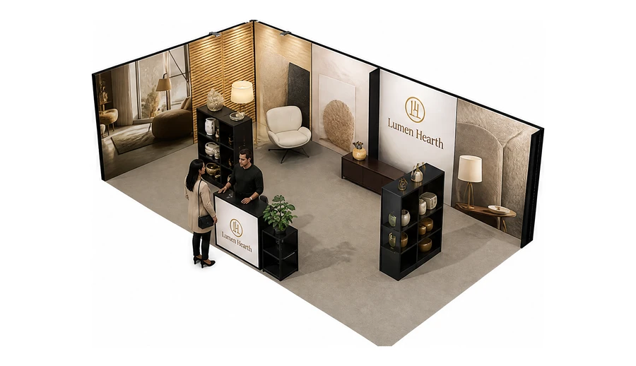 Stoisko 8 × 4 m narożne lewe dla branży meble designerskie, przykładowa marka Lumen Hearth