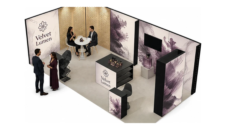 Stoisko 8 × 4 m narożne lewe dla branży perfumy, przykładowa marka Velvet Lumen