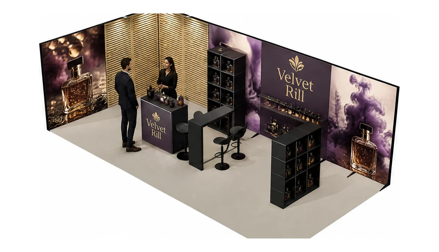 Stoisko 8 × 4 m narożne lewe dla branży perfumy, przykładowa marka Velvet Rill