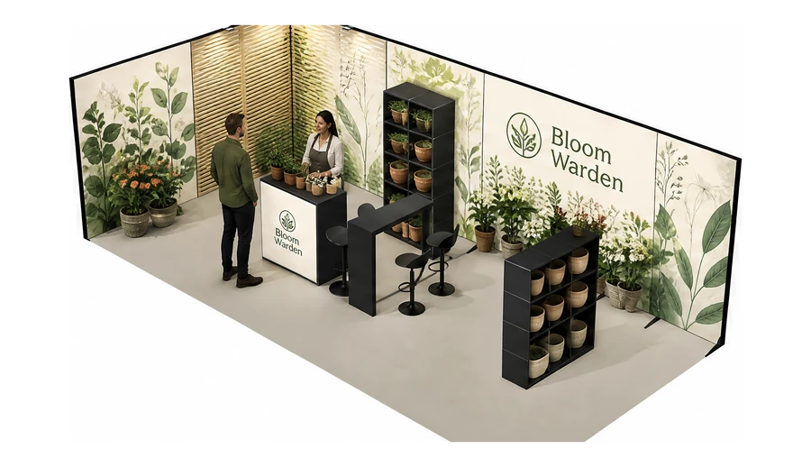 Stoisko 8 × 4 m narożne lewe dla branży rośliny i kwiaciarstwo, przykładowa marka Bloom Warden