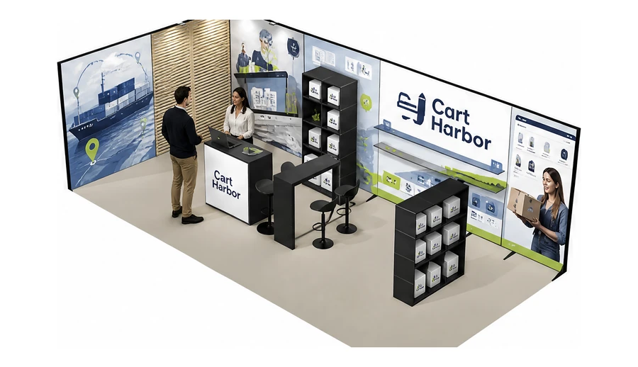 Stoisko 8 × 4 m narożne lewe dla branży e-commerce, przykładowa marka Cart Harbor
