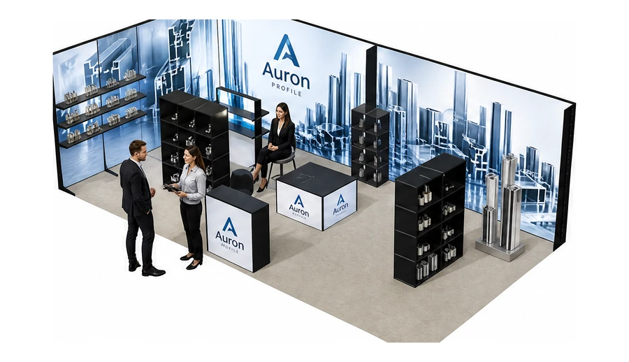 Stoisko 8 × 4 m narożne lewe dla branży profile aluminiowe, przykładowa marka Auron Profile