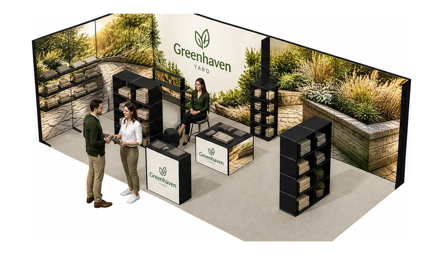 Stoisko 8 × 4 m narożne lewe dla branży ogród i architektura krajobrazu, przykładowa marka Greenhaven Yard