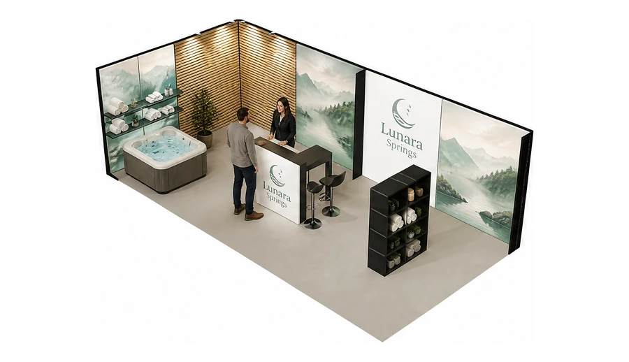 Stoisko 8 × 4 m narożne lewe dla branży spa i wellness, przykładowa marka Lunara Springs