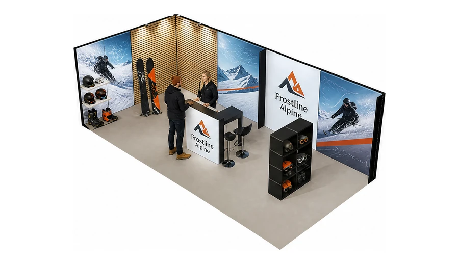 Stoisko 8 × 4 m narożne lewe dla branży narciarstwo i sporty zimowe, przykładowa marka Frostline Alpine