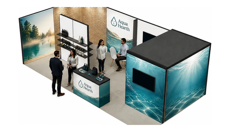 Stoisko 8 × 4 m narożne lewe dla branży baseny i sauny, przykładowa marka Aqua Hearth