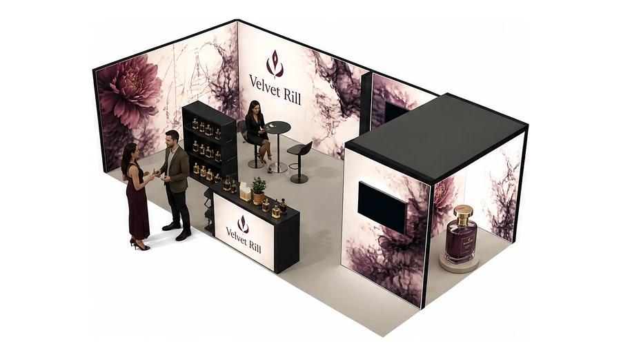 Stoisko 8 × 4 m narożne lewe dla branży perfumy, przykładowa marka Velvet Rill