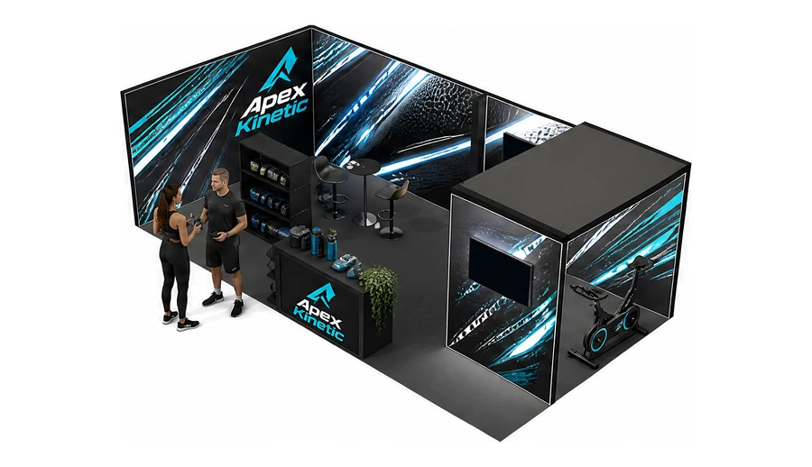 Stoisko 8 × 4 m narożne lewe dla branży sprzęt sportowy, przykładowa marka Apex Kinetic