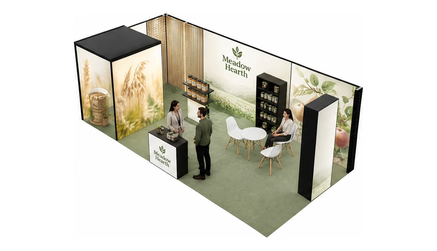 Stoisko 8 × 4 m narożne lewe dla branży żywność ekologiczna, przykładowa marka Meadow Hearth
