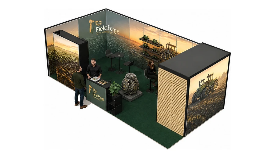 Stoisko 8 × 4 m narożne lewe dla branży maszyny rolnicze, przykładowa marka FieldForge Dynamics
