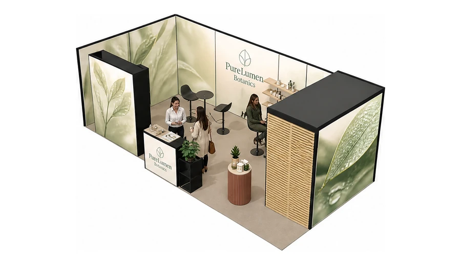 Stoisko 8 × 4 m narożne lewe dla branży kosmetyki naturalne, przykładowa marka PureLumen Botanics