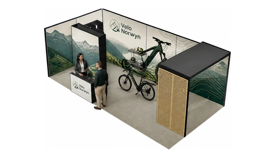 Stoisko 8 × 4 m narożne lewe dla branży rowery elektryczne, przykładowa marka Velo Norwyn