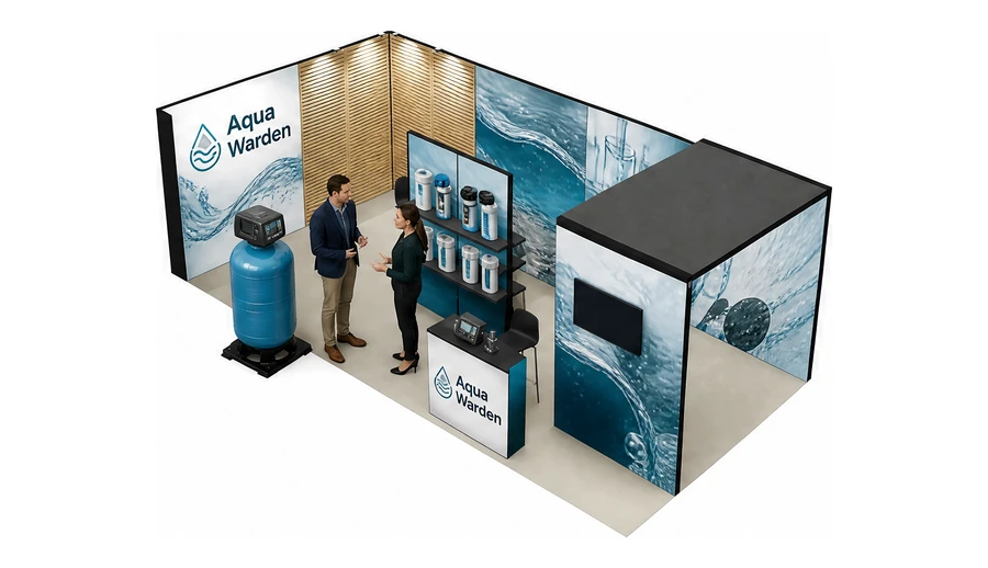 Stoisko 8 × 4 m narożne lewe dla branży technologie wodne, przykładowa marka Aqua Warden