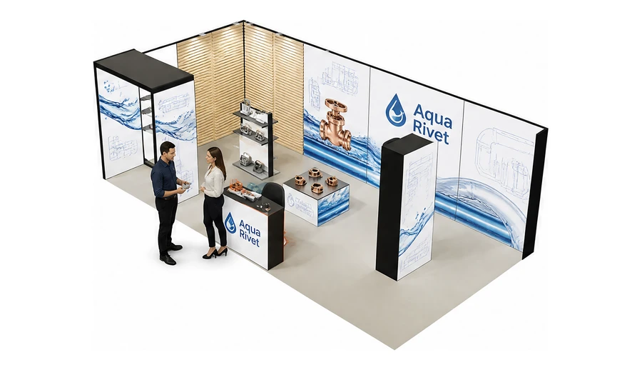 Stoisko 8 × 4 m narożne lewe dla branży instalacje wodno-kanalizacyjne, przykładowa marka Aqua Rivet