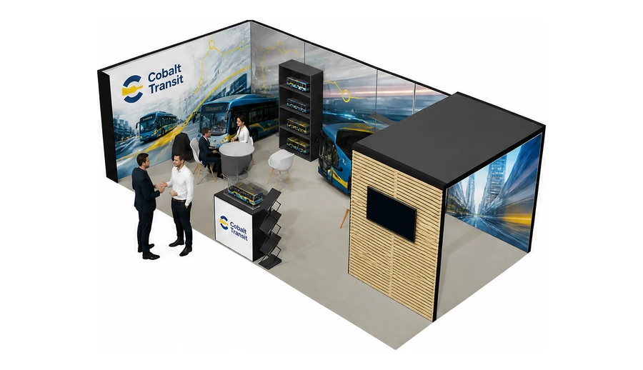 Stoisko 8 × 4 m narożne lewe dla branży autobusy i transport zbiorowy, przykładowa marka Cobalt Transit