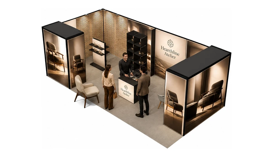Stoisko 8 × 4 m narożne lewe dla branży meble designerskie, przykładowa marka Hearthline Atelier
