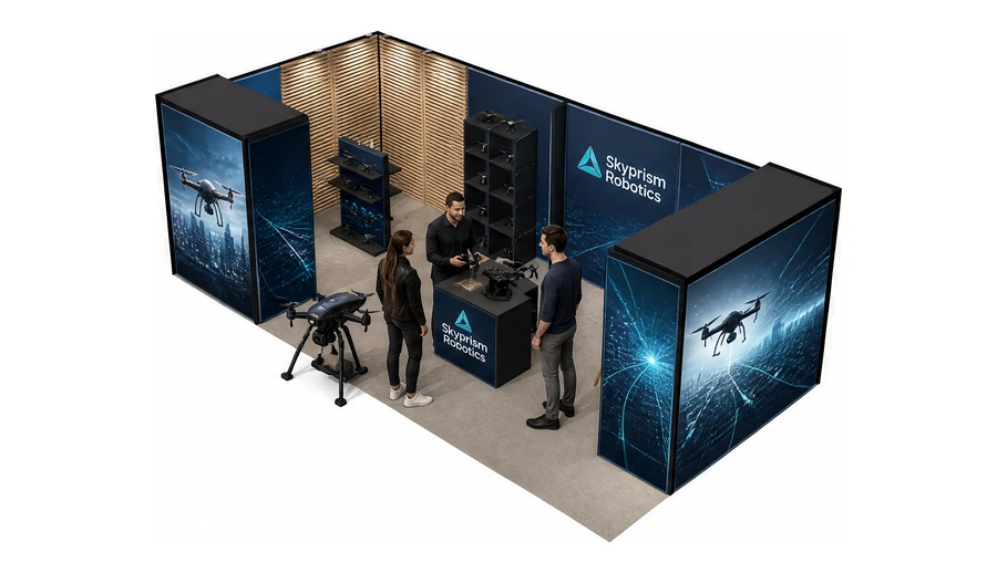 Stoisko 8 × 4 m narożne lewe dla branży drony i robotyka, przykładowa marka Skyprism Robotics