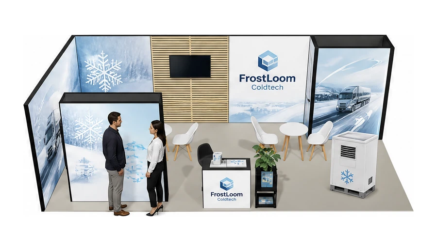 Stoisko 8 × 4 m narożne lewe dla branży łańcuch chłodniczy, przykładowa marka FrostLoom Coldtech