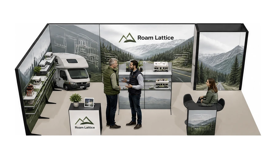 Stoisko 8 × 4 m narożne lewe dla branży caravaning i kampery, przykładowa marka Roam Lattice