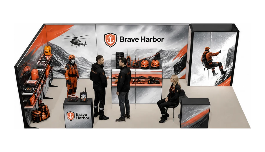 Stoisko 8 × 4 m narożne lewe dla branży ratownictwo i sprzęt ratunkowy, przykładowa marka Brave Harbor