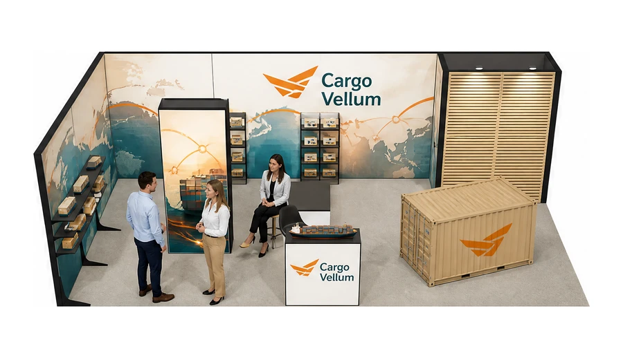 Stoisko 8 × 4 m narożne lewe dla branży logistyka i spedycja, przykładowa marka Cargo Vellum
