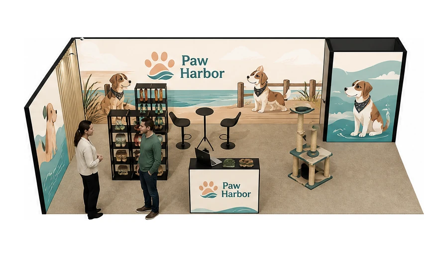 Stoisko 8 × 4 m narożne lewe dla branży akcesoria dla zwierząt, przykładowa marka Paw Harbor