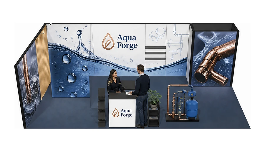 Stoisko 8 × 4 m narożne lewe dla branży instalacje wodno-kanalizacyjne, przykładowa marka Aqua Forge