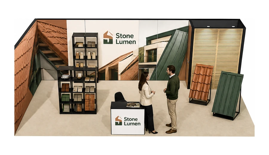 Stoisko 8 × 4 m narożne lewe dla branży dachy i elewacje, przykładowa marka Stone Lumen