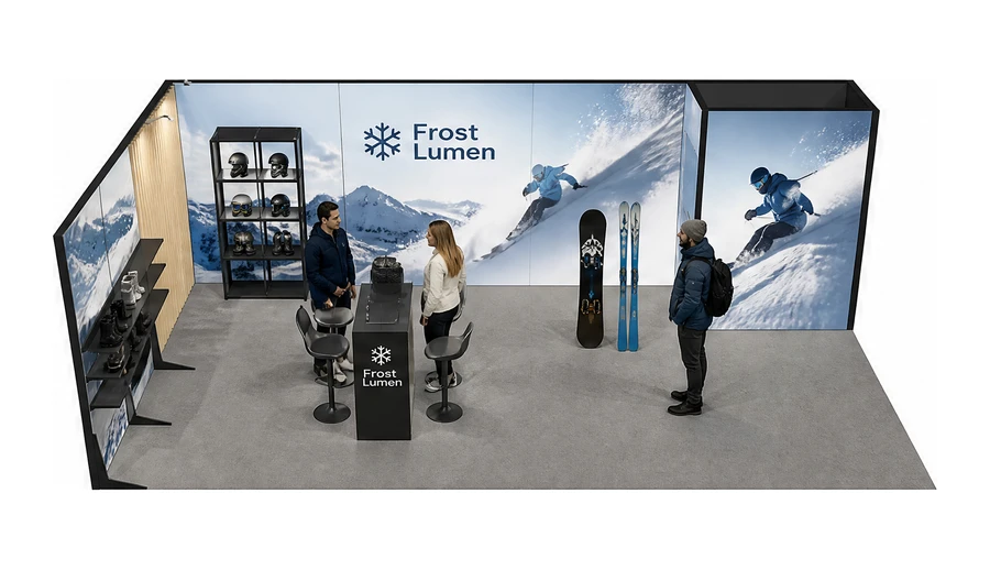 Stoisko 8 × 4 m narożne lewe dla branży narciarstwo i sporty zimowe, przykładowa marka Frost Lumen