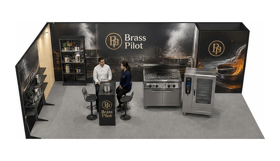 Stoisko 8 × 4 m narożne lewe dla branży wyposażenie gastronomii, przykładowa marka Brass Pilot