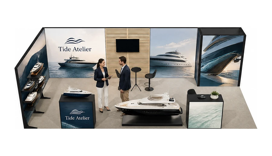 Stoisko 8 × 4 m narożne lewe dla branży jachty i łodzie, przykładowa marka Tide Atelier