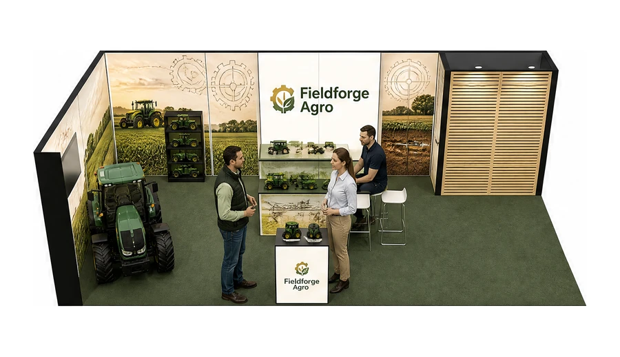 Stoisko 8 × 4 m narożne lewe dla branży maszyny rolnicze, przykładowa marka Fieldforge Agro