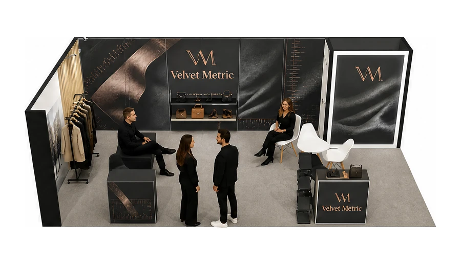 Stoisko 8 × 4 m narożne lewe dla branży odzież i moda, przykładowa marka Velvet Metric