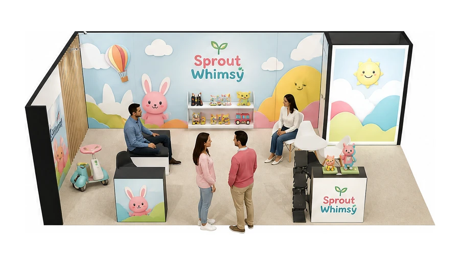 Stoisko 8 × 4 m narożne lewe dla branży zabawki i artykuły dziecięce, przykładowa marka Sprout Whimsy