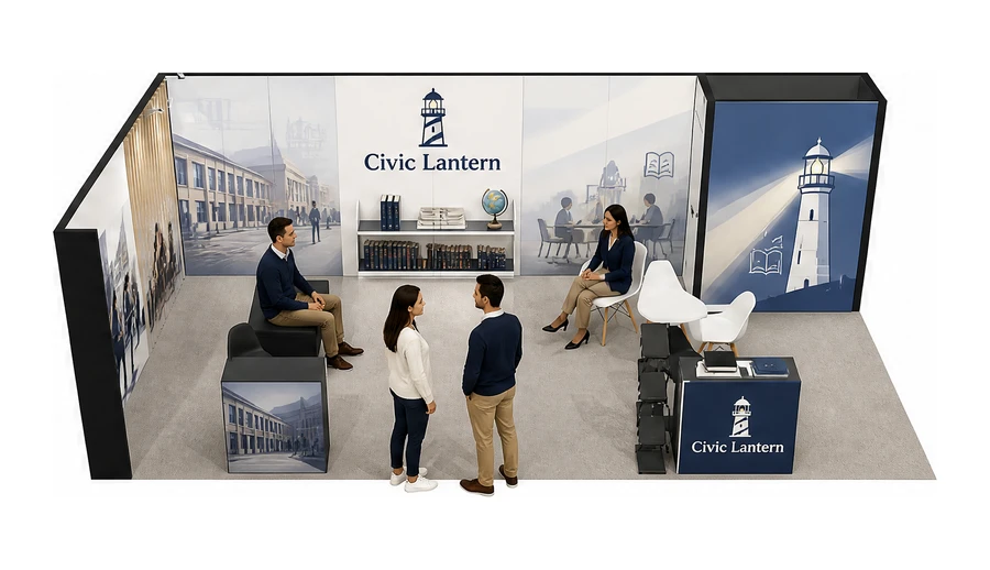 Stoisko 8 × 4 m narożne lewe dla branży edukacja i szkolenia, przykładowa marka Civic Lantern