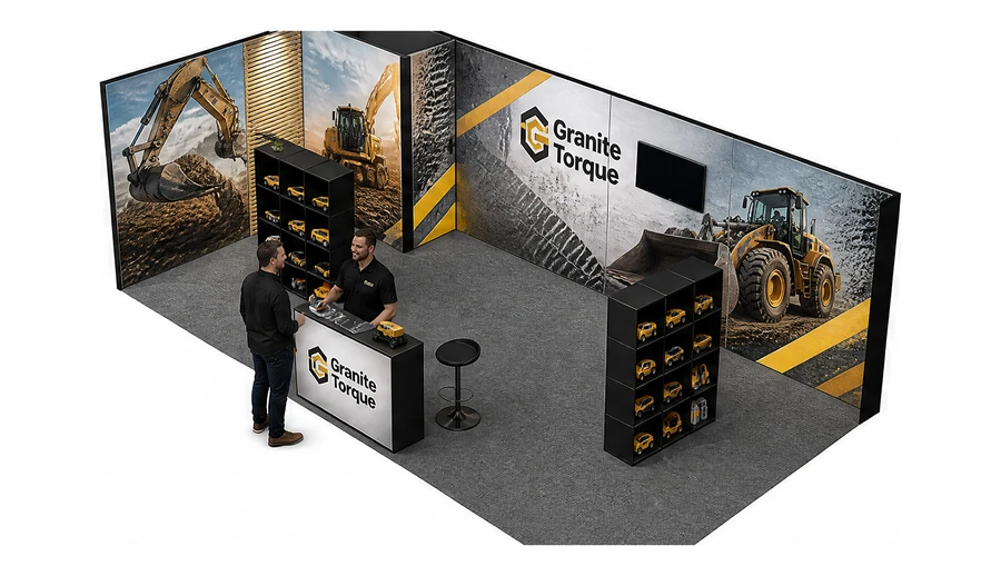 Stoisko 8 × 4 m narożne lewe dla branży maszyny budowlane, przykładowa marka Granite Torque