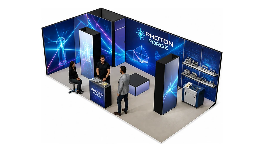 Stoisko 8 × 4 m narożne lewe dla branży technika laserowa i fotonika, przykładowa marka Photon Forge